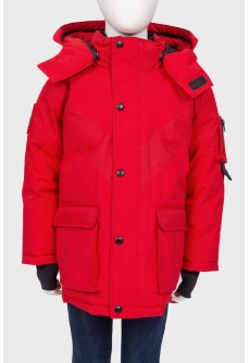 Children\'s red down jacket with a hood