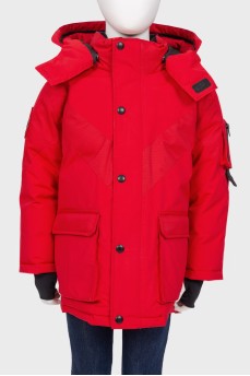 Children's red down jacket with a hood