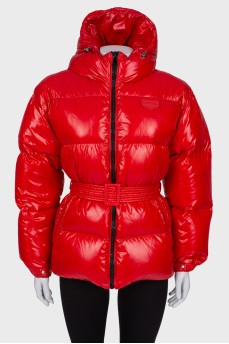 Red quilted down jacket