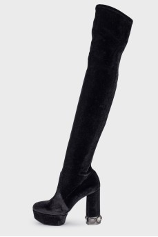 Velor boots with heeled rhinestones