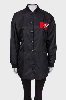 Overlong assymmetrical black bomber jacket