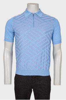 Men's polo in silk with a geometric pattern