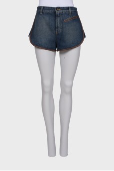 Genuine leather denim shorts with tag