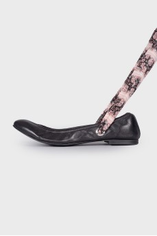 Black leather ballet flats with ties
