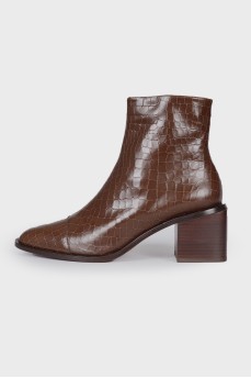Embossed brown leather ankle boots
