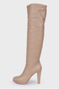 Beige leather heeled over the knee boots