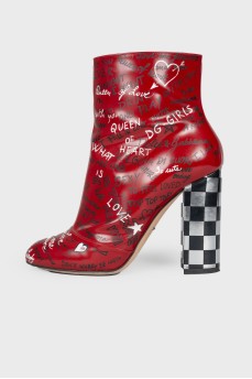 Printed red leather ankle boots