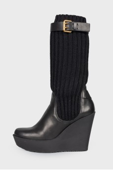 Leather boots with knitted top