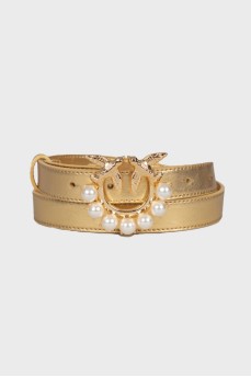 Gold tone leather belt with pearls