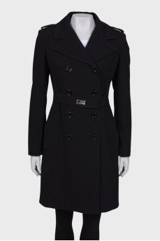 Black coat with sewn-in belt in front