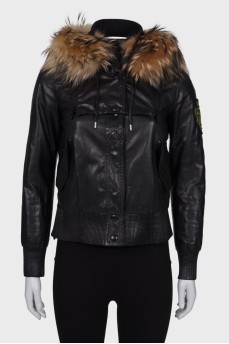 Leather jacket with fur hood