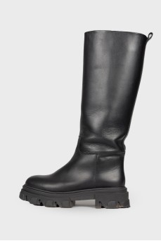Black leather low heel boots