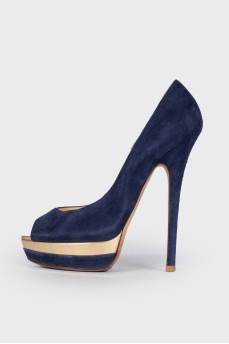Blue suede high heel shoes