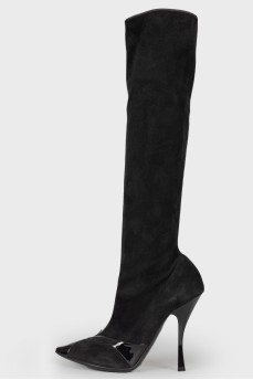 Suede over the knee boots with patent toe