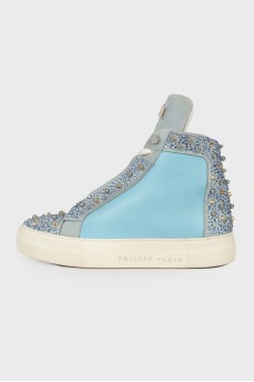 Blue sneakers with studs and rhinestones