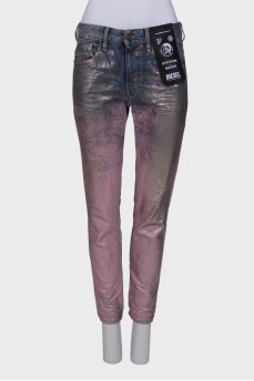 Jeans in pink and silver print
