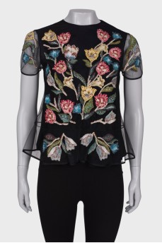 Black T-shirt with floral embroidery