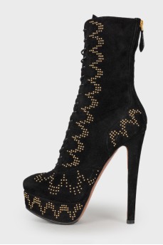 Suede ankle boots with gold rhinestones
