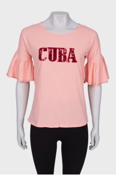 Pink T-shirt with ruffle sleeves