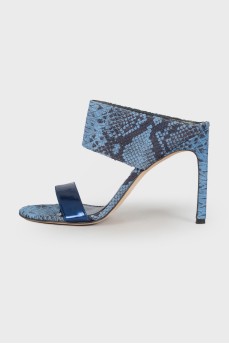 Blue snakeskin embossed sandals