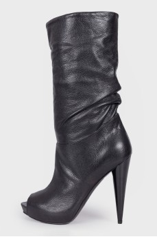 Peep-toe leather boots