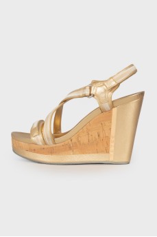 Gold cork wedge sandals