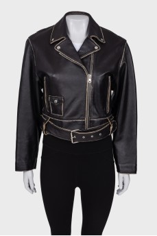Belted leather jacket