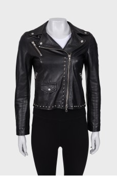 Leather jacket with metallic rhinestones