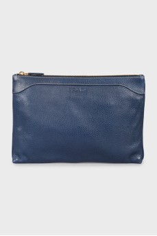 Leather clutch with embossed brand logo
