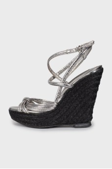 Silver woven wedge sandals