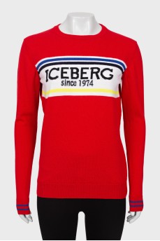 Red sweater with brand logo