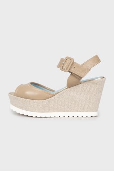 Beige leather wedge sandals