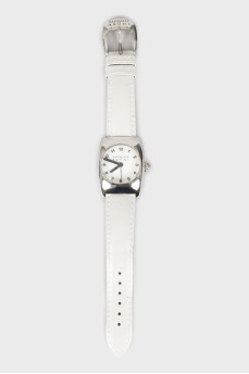 Silver watch with leather strap