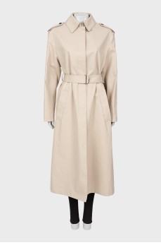 Beige maxi trench coat with waistband