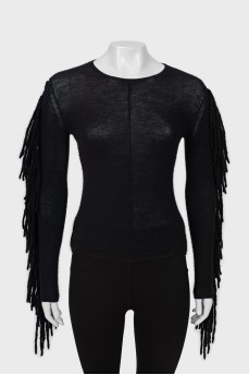 Black sweater with fringed sleeves