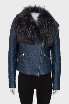 Blue leather jacket with fur