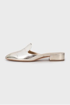 Silver mules with brand logo