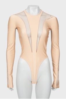 Beige bodysuit with transparent inserts