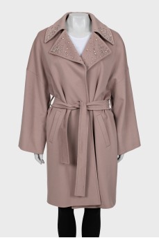 Wool coat with embellished lapels