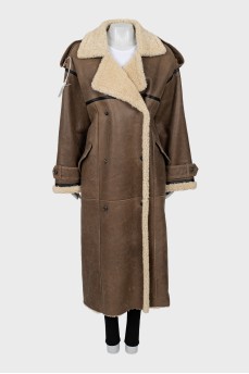 Double-breasted maxi shearling coat with tag