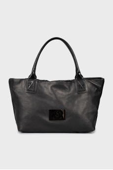 Leather tote bag with brand logo
