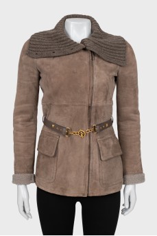 Sheepskin coat with knitted collar