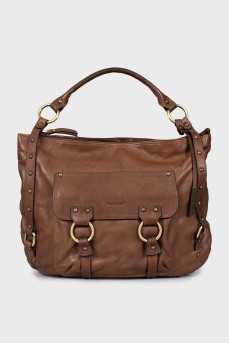 Leather satchel bag with tag