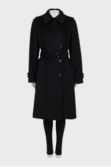 Double-breasted black coat with belt