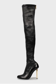 Leather over the knee boots with gold heels