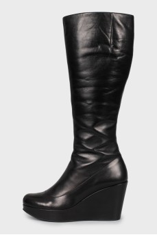Black leather wedge boots