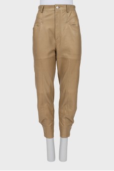 Beige leather banana trousers