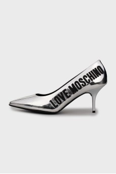 Silver shoes with brand logo