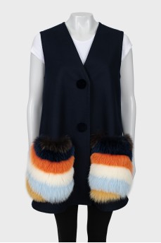 Blue vest with fur pockets