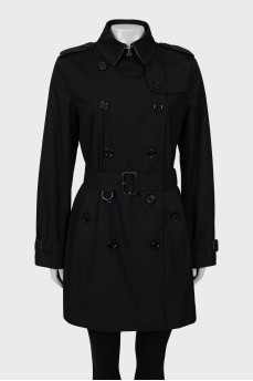 Cropped black trench coat with belt